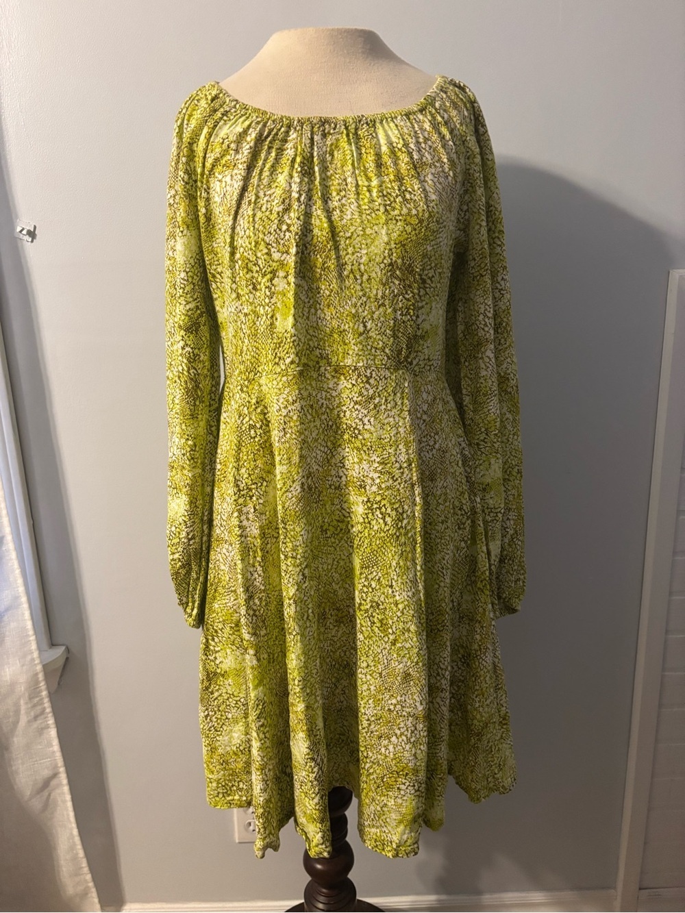 Long Sleeve Lime Green Printed Smock Dress